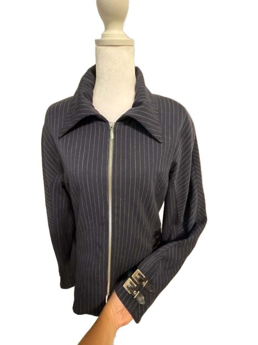 Vintage Y2K Cache Navy Pinstripe Zipper Stretchy Jacket Euphoria Maddy Women 12
